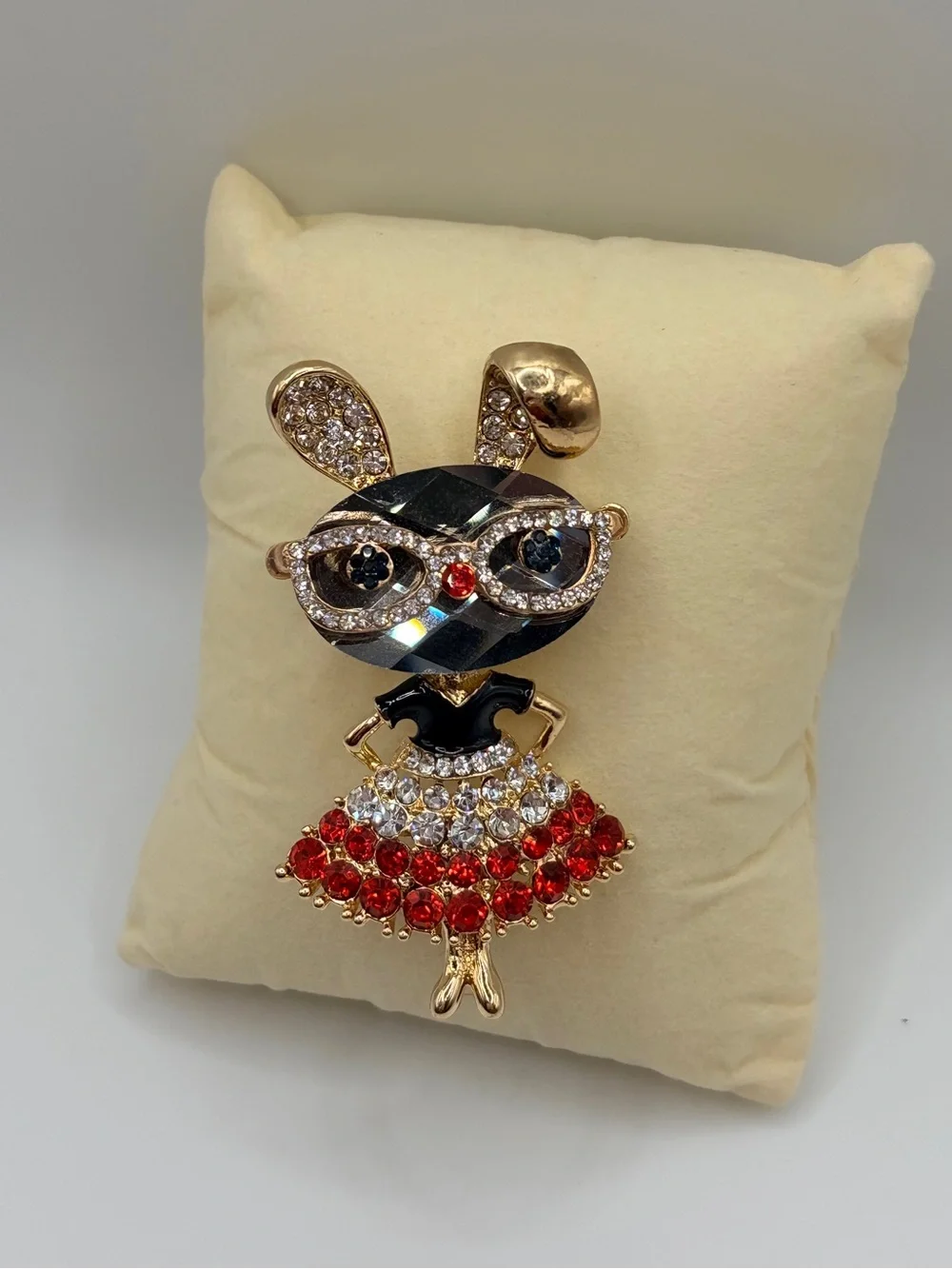 Crystal Bunny Brooch with Red and Clear Stones